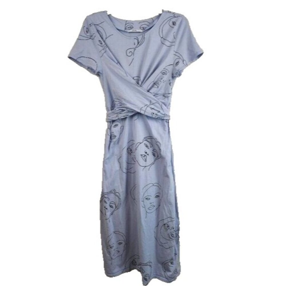 Find Womens‎ Midi Dress XL Blue Novelty Face Print Short Sleeve Artsy Casual